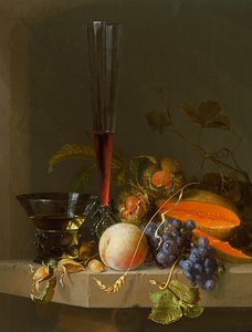 Stilleven van fruit op een richel met een roemer en een wijnglas